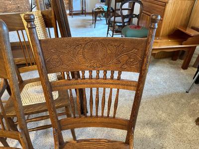 GORGEOUS ANTIQUE TABLE WITH 4 LEAVES AND 8 CANE SEAT CHAIRS