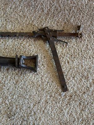 ANTIQUE BUTTERIS AND A BARBED WIRE FENCE STRETCHER?