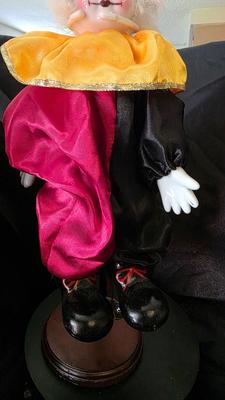 Vintage Porcelain Clown Doll – Red & Gold Satin Ensemble with White Hair and Display Stand