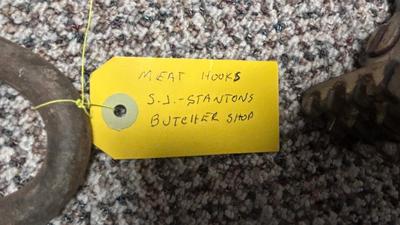 ANTIQUE MEAT HOOKS FROM S.J. STANTONS BUTCHER SHOP , AND A MEAT TENDERIZER