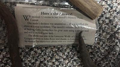 ANTIQUE MEAT HOOKS FROM S.J. STANTONS BUTCHER SHOP , AND A MEAT TENDERIZER