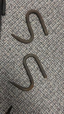 ANTIQUE MEAT HOOKS FROM S.J. STANTONS BUTCHER SHOP , AND A MEAT TENDERIZER