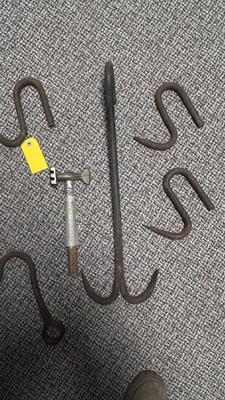 ANTIQUE MEAT HOOKS FROM S.J. STANTONS BUTCHER SHOP , AND A MEAT TENDERIZER