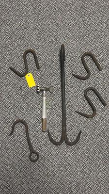 ANTIQUE MEAT HOOKS FROM S.J. STANTONS BUTCHER SHOP , AND A MEAT TENDERIZER