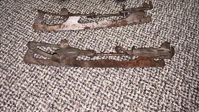 PAIR OF ANTIQUE ICE SKATES AND 1 ROLLER SKATE
