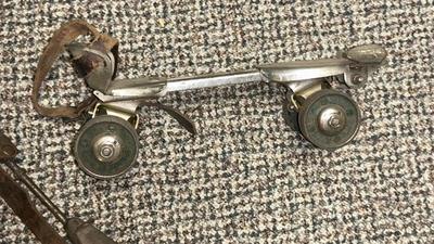 PAIR OF ANTIQUE ICE SKATES AND 1 ROLLER SKATE