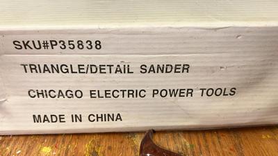 CHICAGO ELECTRIC DETAIL SANDER, MITER SAW FROM SCAGS, AND AN ADJUSTABLE CARPENTER SQUARE