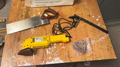 CHICAGO ELECTRIC DETAIL SANDER, MITER SAW FROM SCAGS, AND AN ADJUSTABLE CARPENTER SQUARE