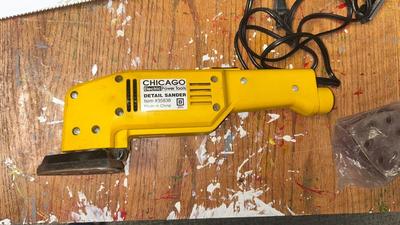 CHICAGO ELECTRIC DETAIL SANDER, MITER SAW FROM SCAGS, AND AN ADJUSTABLE CARPENTER SQUARE