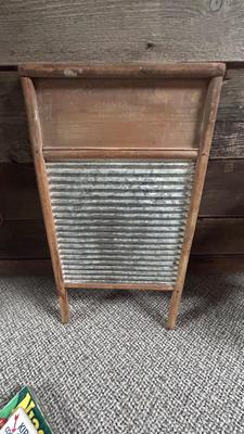 WELL LOVED WASH BOARD, VTG LAUNDRY NEEDS. AND CLOTHES/WASHER-MANUAL AGITATOR