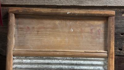 WELL LOVED WASH BOARD, VTG LAUNDRY NEEDS. AND CLOTHES/WASHER-MANUAL AGITATOR