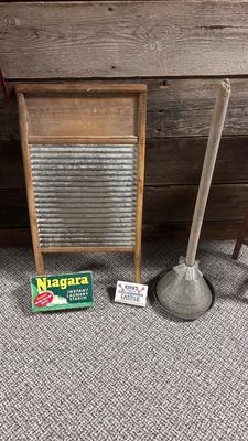 WELL LOVED WASH BOARD, VTG LAUNDRY NEEDS. AND CLOTHES/WASHER-MANUAL AGITATOR