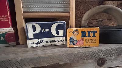 WASHBOARD. COLEBROOKDALE IRON, VTG NAPTHA SOAPS, CLOTHES PINS AND NEAT RIT DYE BOX