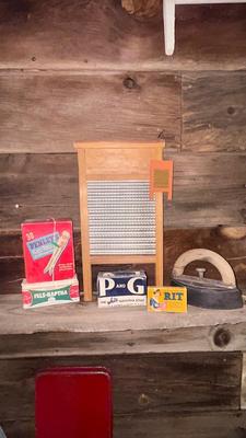 WASHBOARD. COLEBROOKDALE IRON, VTG NAPTHA SOAPS, CLOTHES PINS AND NEAT RIT DYE BOX