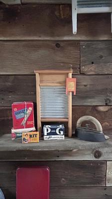 WASHBOARD. COLEBROOKDALE IRON, VTG NAPTHA SOAPS, CLOTHES PINS AND NEAT RIT DYE BOX