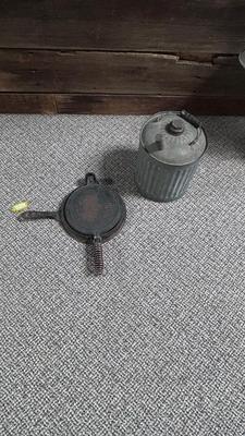HIBBARD CAST IRON WAFFLE MAKER AND A FUEL JUG TO KEEP THE WAFFLES COOKING