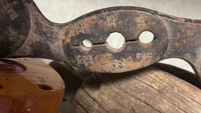 OLD RIGGING PULLEYS, HAY HOOK, HAWKEYE WRENCH