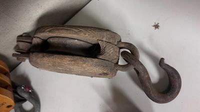 OLD RIGGING PULLEYS, HAY HOOK, HAWKEYE WRENCH