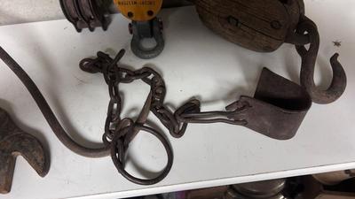 OLD RIGGING PULLEYS, HAY HOOK, HAWKEYE WRENCH