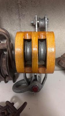 OLD RIGGING PULLEYS, HAY HOOK, HAWKEYE WRENCH