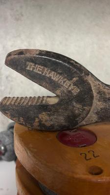 OLD RIGGING PULLEYS, HAY HOOK, HAWKEYE WRENCH