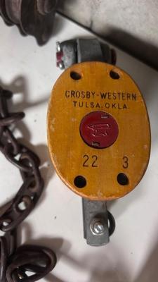 OLD RIGGING PULLEYS, HAY HOOK, HAWKEYE WRENCH