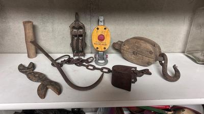 OLD RIGGING PULLEYS, HAY HOOK, HAWKEYE WRENCH