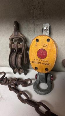 OLD RIGGING PULLEYS, HAY HOOK, HAWKEYE WRENCH