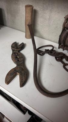 OLD RIGGING PULLEYS, HAY HOOK, HAWKEYE WRENCH