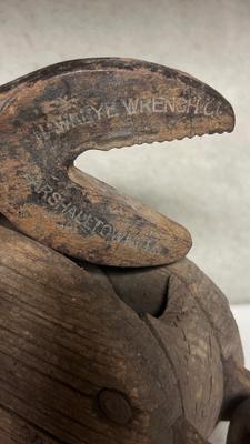 OLD RIGGING PULLEYS, HAY HOOK, HAWKEYE WRENCH