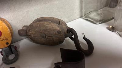 OLD RIGGING PULLEYS, HAY HOOK, HAWKEYE WRENCH