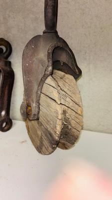 OLD WOODEN PULLEY, CLEVIS AND HOOK AND OTHER TIE DOWNS