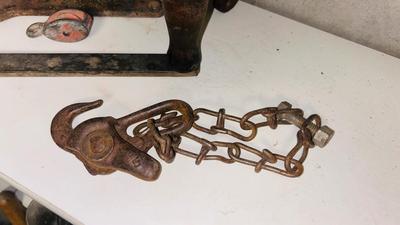 OLD WOODEN PULLEY, CLEVIS AND HOOK AND OTHER TIE DOWNS