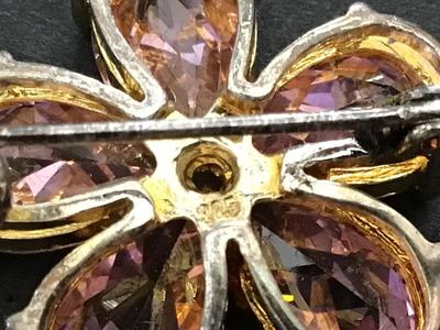 Crystal and Sterling Silver Pink Brooch Marked