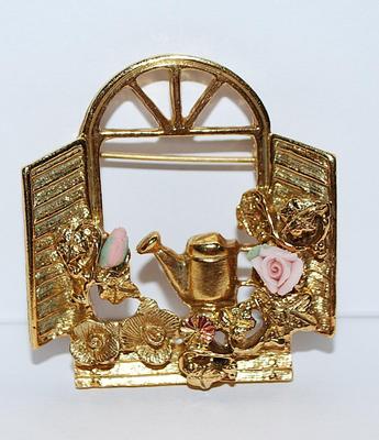 Beautiful "WINDOW SCENE" BROOCH (1¾" x 1¾") with Pink Ceramic Roses, Gold Colored Watering Can & Flowers with...