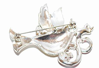 Ornate Beige Holiday BIRD BROOCH (2" x 2") with Swirling Red Ribbons and Bejeweled Outlines on a Silver Tone Setting