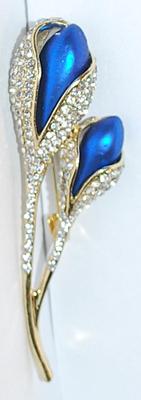 BLUE Bejeweled TULIPS BROOCH (2½" x 1") on a Gold Tone Setting