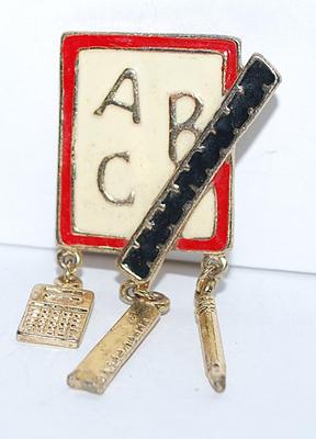 Vintage "ABC's" School +Teacher Combo PENDANT/BROOCH (3" x 1") with Rulers, Pencil & Calculator on a Gold...