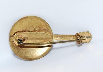 Black & Gold Tone BANJO BROOCH (1½" x ¾") -Marked "WEST GERMANY" with 4 Silver Colored Strings on a Gold Tone...