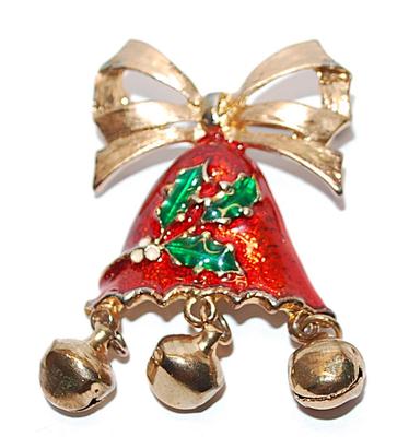 BOWTIE Red & Green BROOCH (2" x 1½") with 3 Gold Colored BELLS and Gold Tone Setting