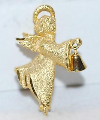 Brushed Gold Colored ANGEL & BELL PENDANT/BROOCH COMBO (1¾" x 1") -- Marked © R R USA -- on a Gold Tone Setting