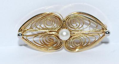 Gold Tone Swirl SCROLL BROOCH (1¾" x ¾") with Center Faux White Pearl on a Gold Tone Setting