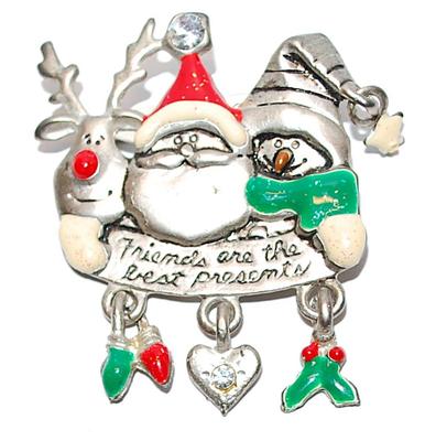 Santa, Reindeer & Snowman HOLIDAY BROOCH (2" x 1¾") "Friends are the best presents" on a Silver Tone Setting