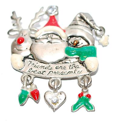 Santa, Reindeer & Snowman HOLIDAY BROOCH (2" x 1¾") "Friends are the best presents" on a Silver Tone Setting