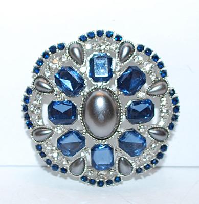 Beautiful Bejeweled "MONET" Blue & Gray BROOCH (2" Diam.) with Beveled and Teardrop Stones on a Silver Tone Setting
