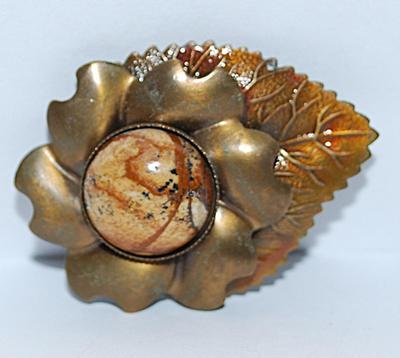 Beautiful 3 Layer LEAF BROOCH (1¾" x 1¼") with Round Cabochon Stone Accent and Metal Setting