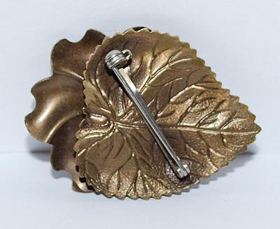 Beautiful 3 Layer LEAF BROOCH (1¾" x 1¼") with Round Cabochon Stone Accent and Metal Setting