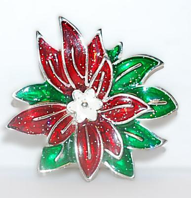 RED & GREEN Enameled HOLIDAY FLOWER BROOCH (2" Diam.) with White Center Accent and a Silver Tone Setting