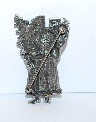 Red Enameled VICTORIAN SANTA BROOCH (2¼" x 1¼") with Toys & Tree on a Silver Tone Setting