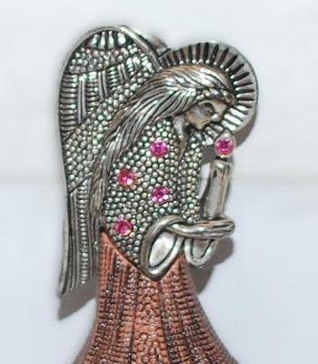 Beautiful "Angel & Candle" BROOCH (2¾" x 1½") with Metal Top & Polymer Bottom and Pink Accent Stones on a...